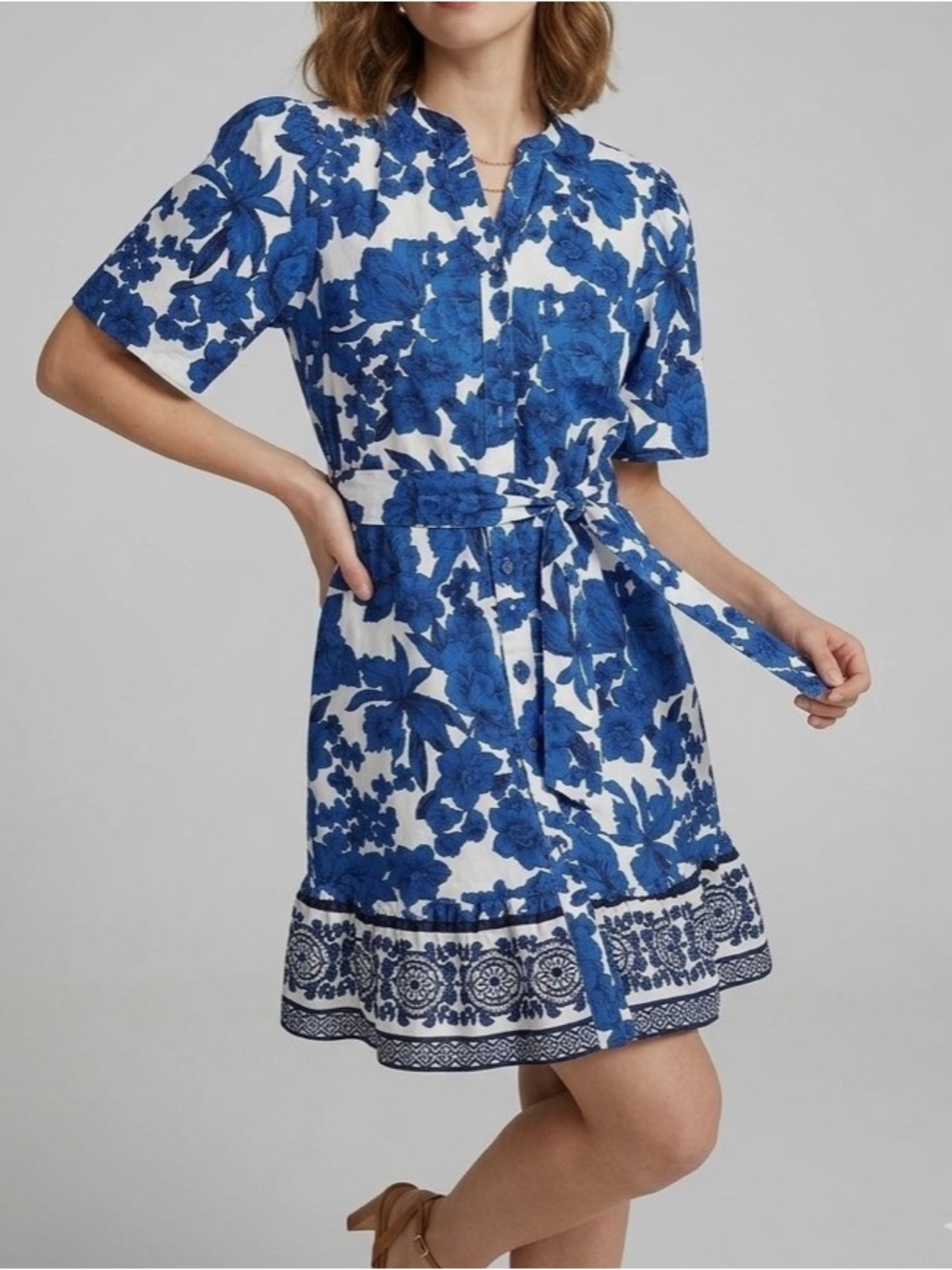 Joie Blue White Floral Button Puff Sleeve Women's Shirt Dress Size 10